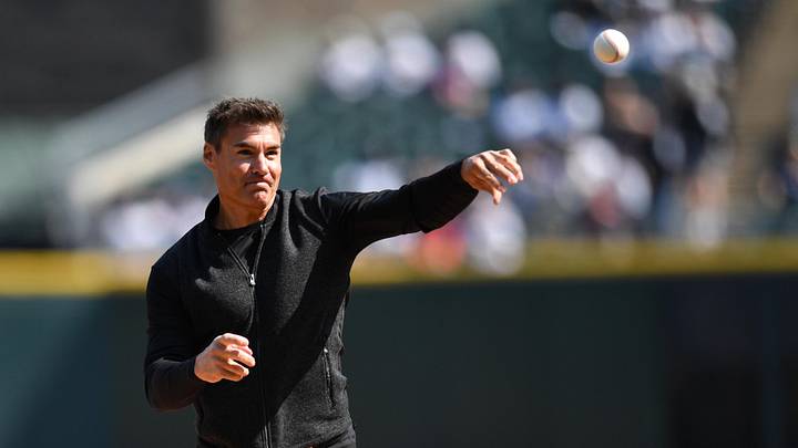 Apr 12, 2025; Chicago, Illinois, USA; 2005 World Series champion and All-Star outfielder Scott Podsednik throws out the ceremonial first pitch prior to a game between the Chicago White Sox and the Boston Red Sox at Rate Field. Mandatory Credit: Patrick Gorski-Imagn Images