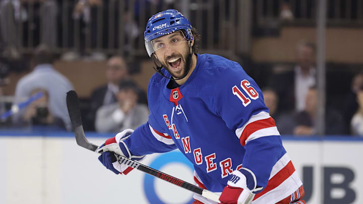 May 7, 2024; New York, New York, USA; New York Rangers center Vincent Trocheck (16) reacts during