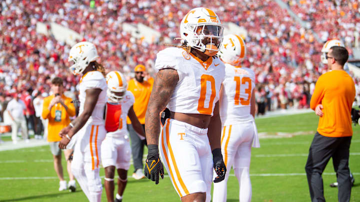 Tennessee running back Jaylen Wright (0) before a football game between Tennessee and Alabama
