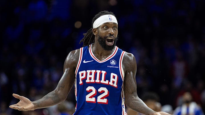 Philadelphia 76ers guard Patrick Beverley (22) reacts after a foul call during the fourth quarter against the Denver Nuggets at Wells Fargo Center. Philadelphia 76ers guard Patrick Beverley (22) reacts after a foul call during the fourth quarter against the Denver Nuggets at Wells Fargo Center.