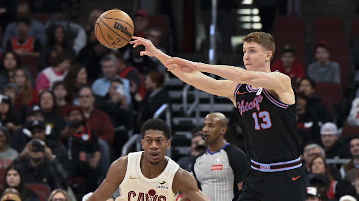 Dec 17, 2025; Chicago, Illinois, USA; Chicago Bulls guard Kevin Huerter (13) passes away from Cleveland Cavaliers forward De'Andre Hunter (12) during the first half at United Center. Mandatory Credit: Matt Marton-Imagn Images Dec 17, 2025; Chicago, Illinois, USA; Chicago Bulls guard Kevin Huerter (13) passes away from Cleveland Cavaliers forward De'Andre Hunter (12) during the first half at United Center. Mandatory Credit: Matt Marton-Imagn Images