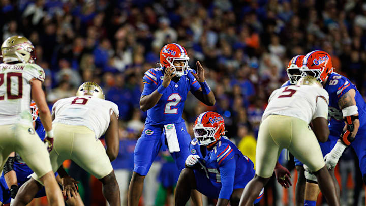 Nov 29, 2025; Gainesville, Florida, USA; Florida Gators quarterback DJ Lagway (2) gestures before the snap against the Florida State Seminoles during the second half at Ben Hill Griffin Stadium. Mandatory Credit: Matt Pendleton-Imagn Images