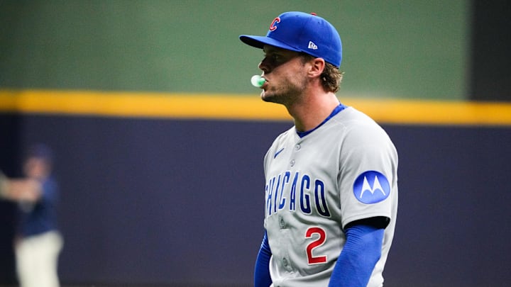 Oct 6, 2025; Milwaukee, Wisconsin, USA; Chicago Cubs second baseman Nico Hoerner (2) looks on before the game against the Milwaukee Brewers during game two of the NLDS round for the 2025 MLB playoffs at American Family Field. 