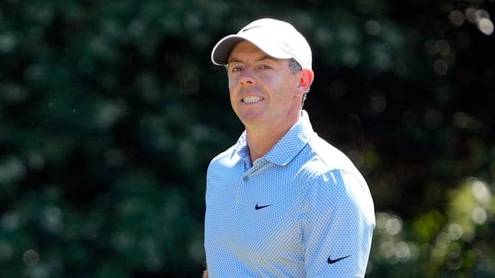 Apr 12, 2026; Augusta, Georgia, USA; Rory McIlroy reacts after a putt on the fifth green during the final round of the Masters Tournament at Augusta National Golf Club. Mandatory Credit: Kyle Terada-Imagn Images