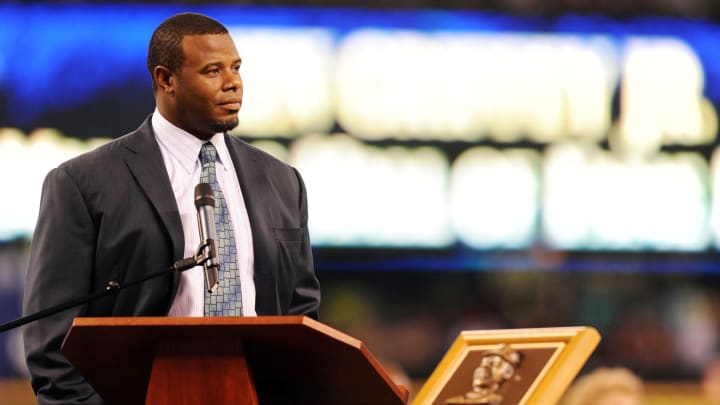 Seattle Mariners former outfielder Ken Griffey Jr addresses the Seattle Mariners team in the dugout during an induction ceremony into the Seattle Mariners hall of fame before the game between the Seattle Mariners and the Milwaukee Brewers at Safeco Field in 2013. Seattle Mariners former outfielder Ken Griffey Jr addresses the Seattle Mariners team in the dugout during an induction ceremony into the Seattle Mariners hall of fame before the game between the Seattle Mariners and the Milwaukee Brewers at Safeco Field in 2013.