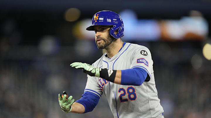 Sep 9, 2024; Toronto, Ontario, CAN; New York Mets designated hitter J.D. Martinez (28) reacts after his one run single against the Toronto Blue Jays during the fourth inning at Rogers Centre. Mandatory Credit: John E. Sokolowski-Imagn Images Sep 9, 2024; Toronto, Ontario, CAN; New York Mets designated hitter J.D. Martinez (28) reacts after his one run single against the Toronto Blue Jays during the fourth inning at Rogers Centre. Mandatory Credit: John E. Sokolowski-Imagn Images