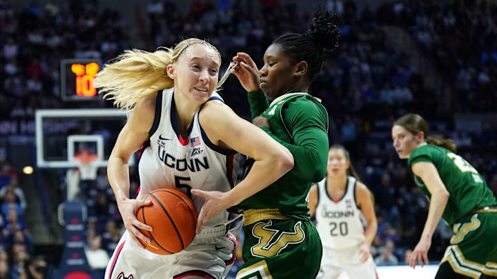 Paige Bueckers drives to the basket during No. 2 Connecticut's 86–49 win over South Florida on Nov. 10, 2024.