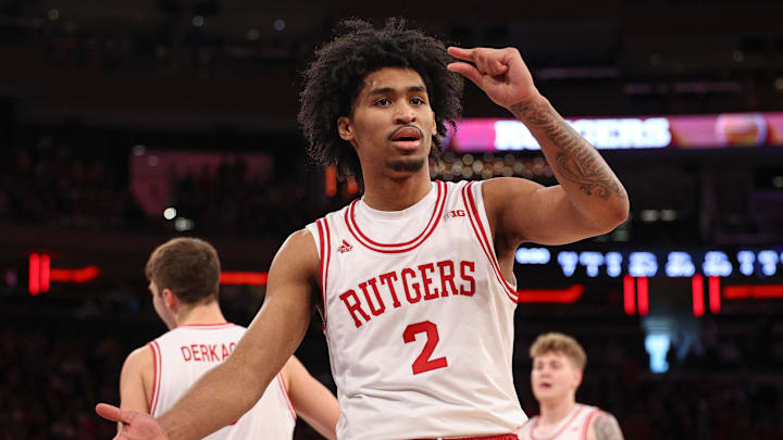 Jan 25, 2025; New York, New York, USA; Rutgers Scarlet Knights guard Dylan Harper (2) reacts during the first half against the Michigan State Spartans at Madison Square Garden. Mandatory Credit: Vincent Carchietta-Imagn Images