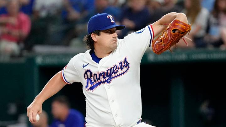 Aug 18, 2026; Arlington, Texas, USA; Texas Rangers pitcher Cal Quantrill (44) delivers a pitch to the Washington Nationals during the fifth inning at Globe Life Field. Mandatory Credit: Jim Cowsert-Imagn Images