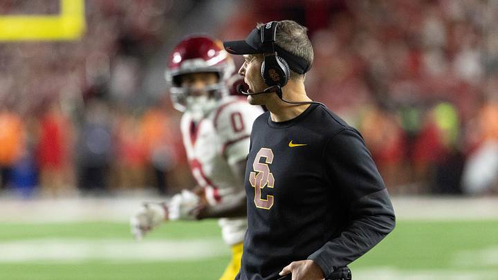 Oct 24, 2026; Madison, Wisconsin, USA;  USC Trojans head coach Lincoln Riley watches from the sidelines during the second half against the Wisconsin Badgers at Camp Randall Stadium.  Mandatory Credit: Anthony Wahl-Imagn Images