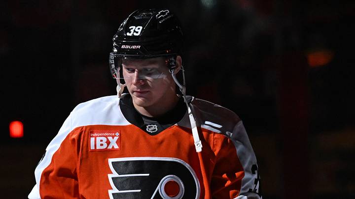 Sep 30, 2026; Philadelphia, Pennsylvania, USA; Philadelphia Flyers right wing Matvei Michkov (39) during player introductions against the Pittsburgh Penguins at Xfinity Mobile Arena.
