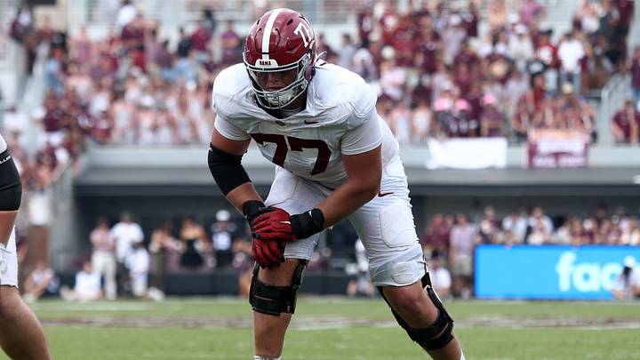 Oct 3, 2026; Starkville, Mississippi, USA; Alabama Crimson Tide offensive lineman Jackson Lloyd (77) lines up during the fourth quarter against the Mississippi State Bulldogs at Davis Wade Stadium at Scott Field. Mandatory Credit: Petre Thomas-Imagn Images Oct 3, 2026; Starkville, Mississippi, USA; Alabama Crimson Tide offensive lineman Jackson Lloyd (77) lines up during the fourth quarter against the Mississippi State Bulldogs at Davis Wade Stadium at Scott Field. Mandatory Credit: Petre Thomas-Imagn Images