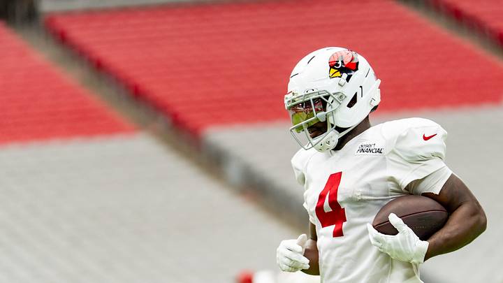 Arizona Cardinals Jeremiyah Love (4) runs with the ball during training camp at State Farm Stadium in Glendale on Aug. 11, 2026.