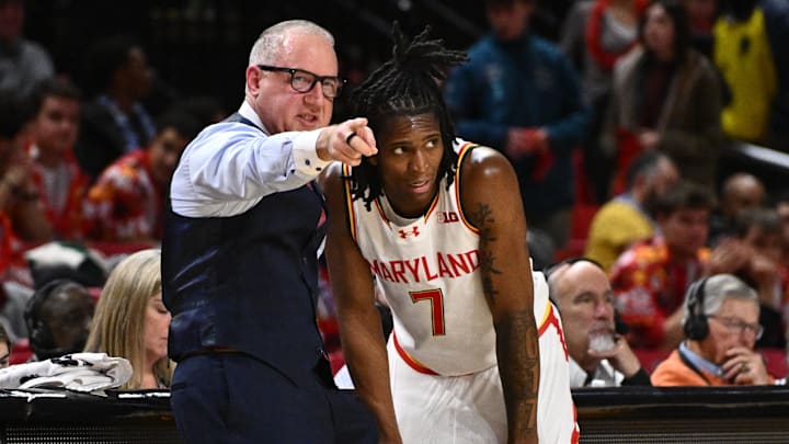 Feb 11, 2026; College Park, Maryland, USA; Maryland Terrapins head coach Buzz Williams gives instructions to guard Andre Mills (7) in the first half against the Iowa Hawkeyes at Xfinity Center. Mandatory Credit: Jamie Sabau-Imagn Images Feb 11, 2026; College Park, Maryland, USA; Maryland Terrapins head coach Buzz Williams gives instructions to guard Andre Mills (7) in the first half against the Iowa Hawkeyes at Xfinity Center. Mandatory Credit: Jamie Sabau-Imagn Images