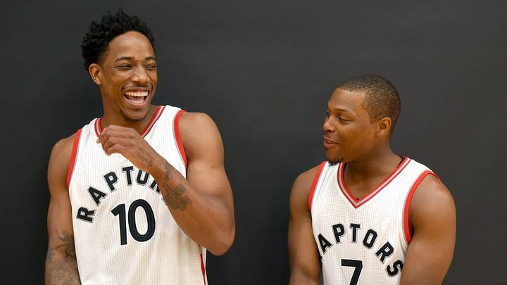 Toronto Raptors guards DeMar DeRozan and Kyle Lowry pose for pictures on media day. Toronto Raptors guards DeMar DeRozan and Kyle Lowry pose for pictures on media day.