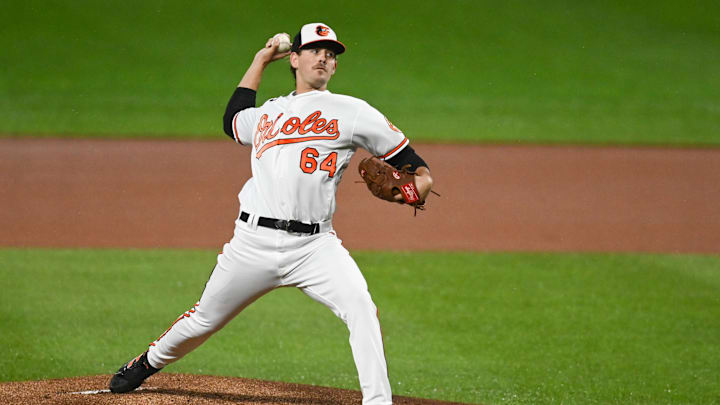 Oct 3, 2022; Baltimore, Maryland, USA;  Baltimore Orioles starting pitcher Dean Kremer (64) throws a