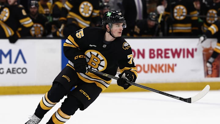 Mar 24, 2026; Boston, Massachusetts, USA; Boston Bruins left wing Lukas Reichel (75) skates against the Toronto Maple Leafs during the third period at TD Garden. Mandatory Credit: Winslow Townson-Imagn Images