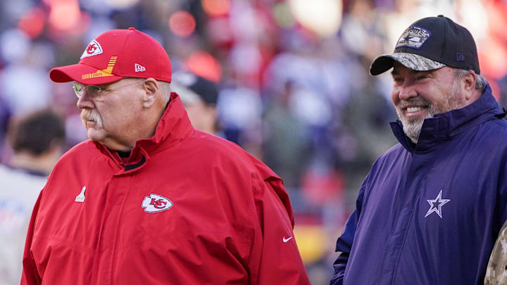 Nov 21, 2021; Kansas City, Missouri, USA; Kansas City Chiefs head coach Andy Reid talks with Dallas Cowboys head coach Mike McCarthy before the game at GEHA Field at Arrowhead Stadium. Mandatory Credit: Denny Medley-Imagn Images