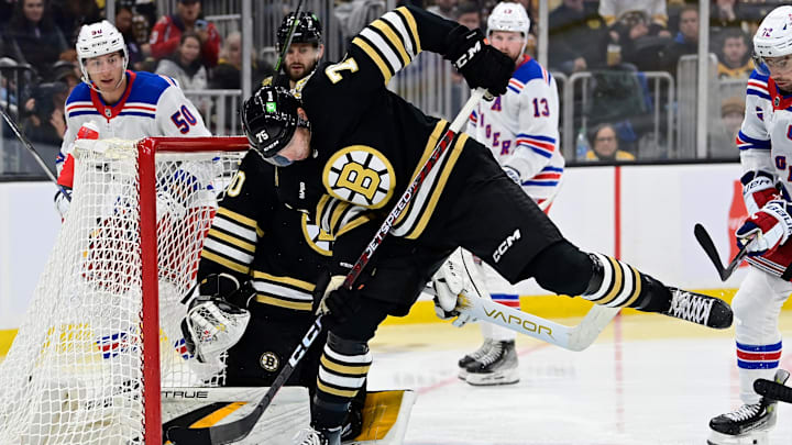 Sep 24, 2023; Boston, Massachusetts, USA; Boston Bruins defenseman Alec Regula (75)  makes the save against against the New York Rangers during the second period at TD Garden. Mandatory Credit: Eric Canha-Imagn Images