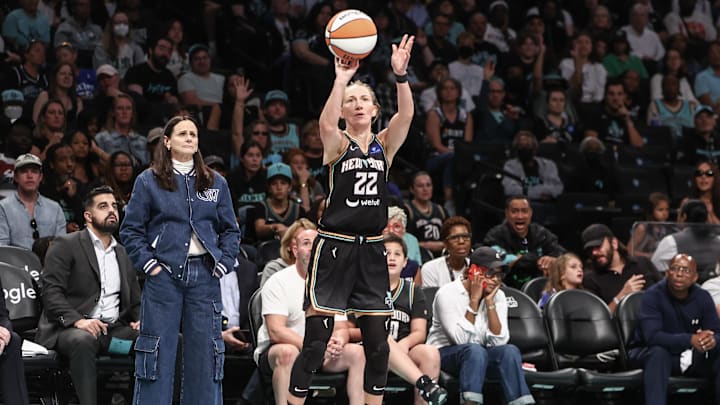 Sep 22, 2024; Brooklyn, New York, USA; New York Liberty guard Courtney Vandersloot (22) during game one of the first round of the 2024 WNBA Playoffs at Barclays Center. Mandatory Credit: Wendell Cruz-Imagn Images Sep 22, 2024; Brooklyn, New York, USA; New York Liberty guard Courtney Vandersloot (22) during game one of the first round of the 2024 WNBA Playoffs at Barclays Center. Mandatory Credit: Wendell Cruz-Imagn Images