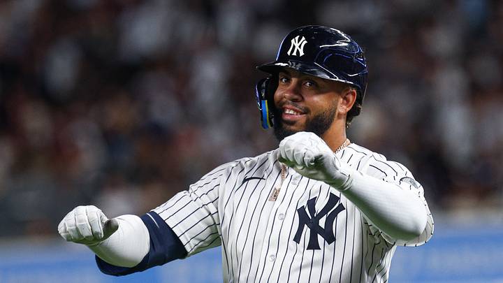 Aug 26, 2026; Bronx, New York, USA; New York Yankees first baseman Luis Garcia Jr. (26) reacts after an infield single during the seventh inning against the Houston Astros at Yankee Stadium. Mandatory Credit: Vincent Carchietta-Imagn Images Aug 26, 2026; Bronx, New York, USA; New York Yankees first baseman Luis Garcia Jr. (26) reacts after an infield single during the seventh inning against the Houston Astros at Yankee Stadium. Mandatory Credit: Vincent Carchietta-Imagn Images