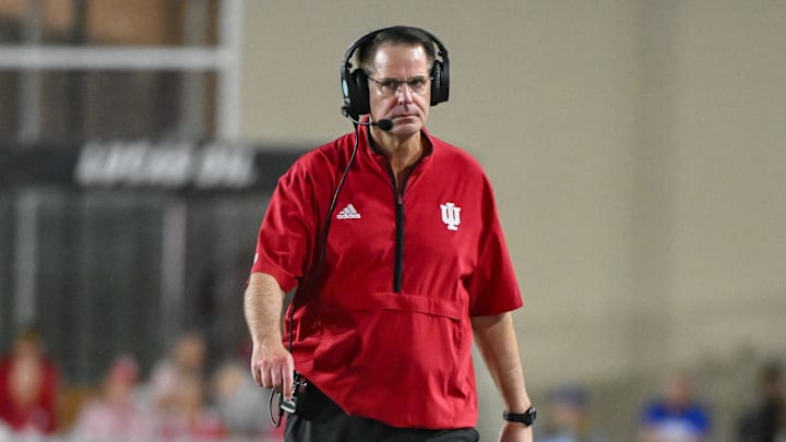 Sep 12, 2025; Bloomington, Indiana, USA; Indiana Hoosiers head coach Curt Cignetti walks along the sideline during the second half against the Indiana State Sycamores at Memorial Stadium. Mandatory Credit: Robert Goddin-Imagn Images