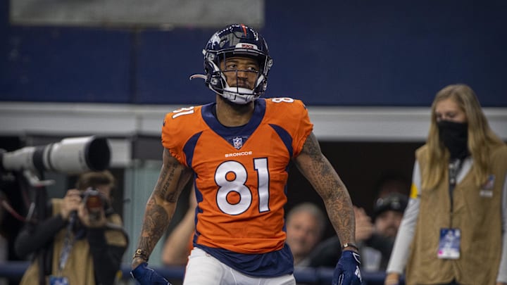 Nov 7, 2021; Arlington, Texas, USA; Denver Broncos wide receiver Tim Patrick (81) in action during