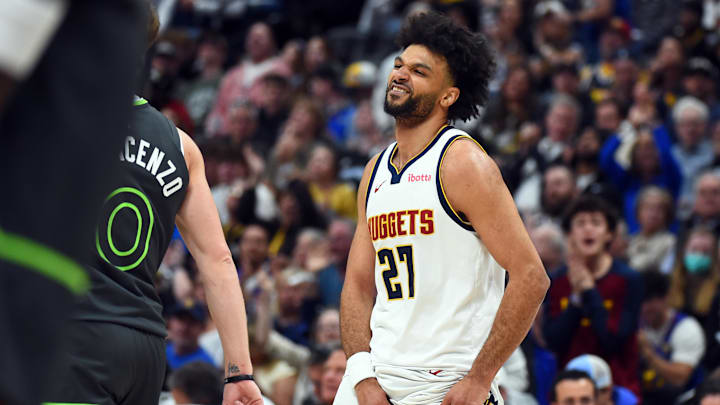 Apr 18, 2026; Denver, Colorado, USA; Denver Nuggets guard Jamal Murray (27) reacts after a basket and foul during the second half against the Minnesota Timberwolves in game one of the first round of the 2026 NBA Playoffs at Ball Arena. Mandatory Credit: Christopher Hanewinckel-Imagn Images