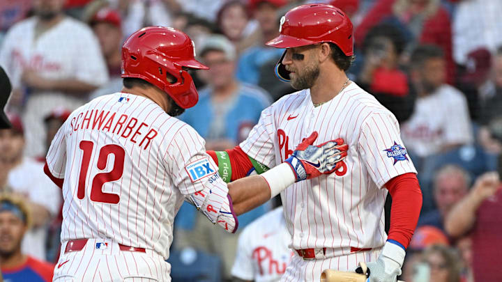 Apr 13, 2026; Philadelphia, Pennsylvania, USA; Philadelphia Phillies left fielder Kyle Schwarber (12) celebrates his home run with first baseman Bryce Harper (3) against the Chicago Cubs during the first inning at Citizens Bank Park. Apr 13, 2026; Philadelphia, Pennsylvania, USA; Philadelphia Phillies left fielder Kyle Schwarber (12) celebrates his home run with first baseman Bryce Harper (3) against the Chicago Cubs during the first inning at Citizens Bank Park.