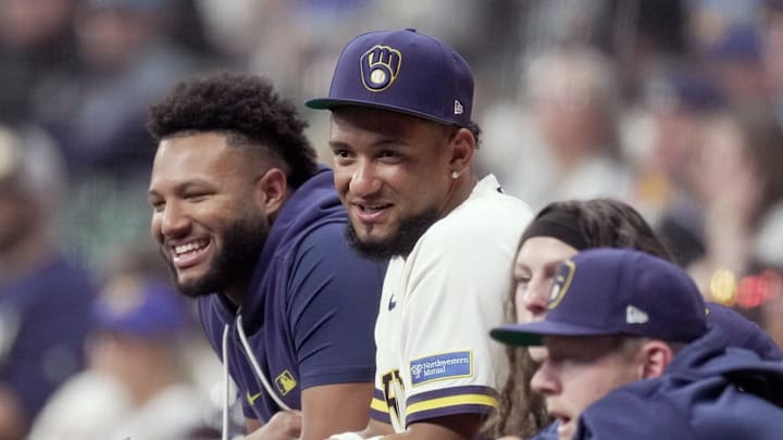 Milwaukee Brewers Jackson Chourio, left, and Luis Matos are shown during the first inning of their game against the Toronto Blue Jays Wednesday, April 15, 2026 at American Family Field in Milwaukee, Wisconsin.