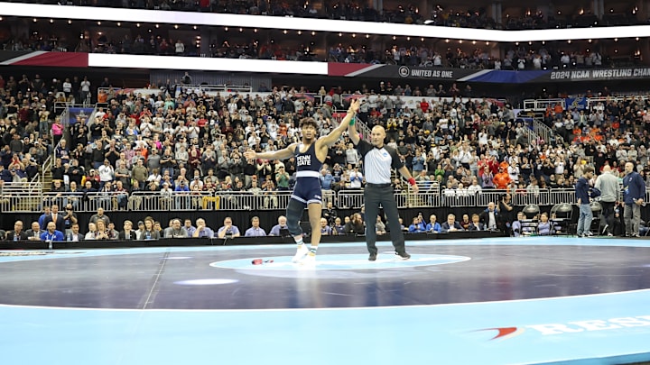 Penn State's Carter Starocci celebrates winning his 174-pound title at the 2024 NCAA Wrestling Championships in Kansas City. Penn State's Carter Starocci celebrates winning his 174-pound title at the 2024 NCAA Wrestling Championships in Kansas City.