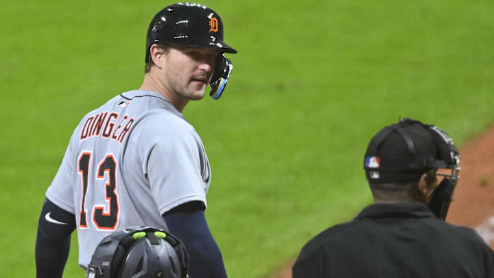 Sep 23, 2025; Cleveland, Ohio, USA; Detroit Tigers catcher Dillon Dingler (13) reacts after striking out in the ninth inning against the Cleveland Guardians at Progressive Field. Sep 23, 2025; Cleveland, Ohio, USA; Detroit Tigers catcher Dillon Dingler (13) reacts after striking out in the ninth inning against the Cleveland Guardians at Progressive Field.