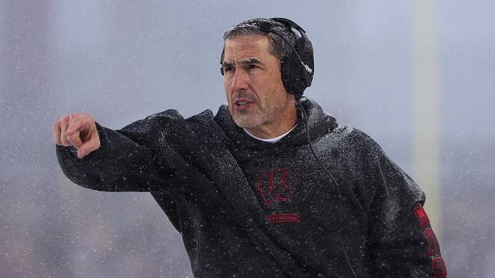 Nov 29, 2025; Minneapolis, Minnesota, USA; Wisconsin Badgers head coach Luke Fickell reacts during the first half against the Minnesota Golden Gophers at Huntington Bank Stadium. Mandatory Credit: Matt Krohn-Imagn Images
