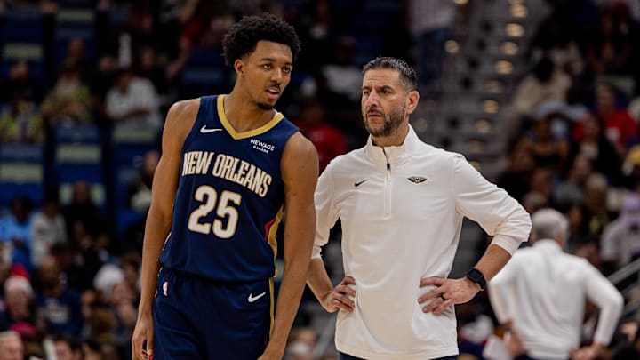 Nov 19, 2025; New Orleans, Louisiana, USA;  New Orleans Pelicans forward Trey Murphy III (25) talks to interim Head Coach James Borrego against the Denver Nuggets during the second half  at Smoothie King Center. Mandatory Credit: Stephen Lew-Imagn Images