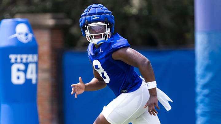 Florida Gators inside linebacker Aaron Chiles (8) runs a drill during Fall practice at Sanders Practice Fields in Gainesville, FL on Thursday, August 1, 2024. [Doug Engle/Gainesville Sun]