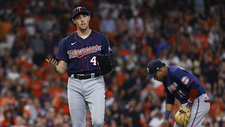 Aug 23, 2022; Houston, Texas, USA; Minnesota Twins starting pitcher Aaron Sanchez (43) reacts after hitting Houston Astros second baseman Jose Altuve (not pictured) with a pitch during the fifth inning at Minute Maid Park. Mandatory Credit: Troy Taormina-Imagn Images