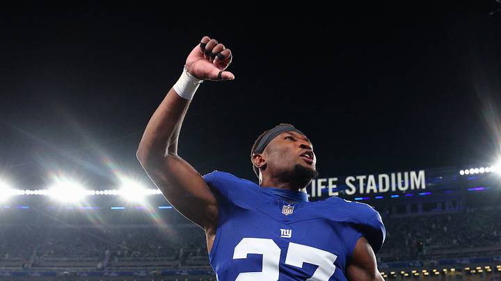 Sep 13, 2026; East Rutherford, New Jersey, USA; New York Giants safety Tyler Nubin (27) celebrates as he leaves the field following a win against the Dallas Cowboys in the game at MetLife Stadium. Sep 13, 2026; East Rutherford, New Jersey, USA; New York Giants safety Tyler Nubin (27) celebrates as he leaves the field following a win against the Dallas Cowboys in the game at MetLife Stadium.