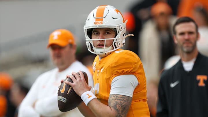 Nov 29, 2025; Knoxville, Tennessee, USA;  Tennessee Volunteers quarterback Joey Aguilar (6) warms up before a game against Vanderbilt Commodores at Neyland Stadium. Mandatory Credit: Randy Sartin-Imagn Images