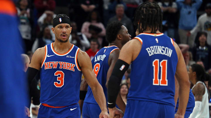 Feb 28, 2025; Memphis, Tennessee, USA; New York Knicks guard Josh Hart (3) reacts with guard Jalen Brunson (11) after the New York Knicks take the lead against the Memphis Grizzlies during the fourth quarter at FedExForum. Mandatory Credit: Petre Thomas-Imagn Images Feb 28, 2025; Memphis, Tennessee, USA; New York Knicks guard Josh Hart (3) reacts with guard Jalen Brunson (11) after the New York Knicks take the lead against the Memphis Grizzlies during the fourth quarter at FedExForum. Mandatory Credit: Petre Thomas-Imagn Images