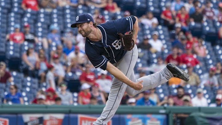 Jul 22, 2018; Philadelphia, PA, USA; San Diego Padres pitcher Colten Brewer (54) delivers a pitch during the ninth inning of the game against the Philadelphia Phillies at Citizens Bank Park. Mandatory Credit: Gregory J. Fisher-Imagn Images