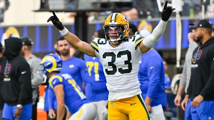 Green Bay Packers safety Evan Williams (33) celebrates an incomplete pass to Los Angeles Rams wide receiver Tutu Atwell on Sunday.