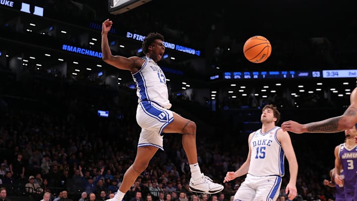 Mar 24, 2024; Brooklyn, NY, USA; Duke Blue Devils forward Sean Stewart (13) dunks the ball against