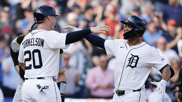 Jun 17, 2025; Detroit, Michigan, USA;  Detroit Tigers outfielder Wenceel Pérez (46) celebrates with first baseman Spencer Torkelson (20) after he hitting a two-run home run in the second inning against the Pittsburgh Pirates at Comerica Park. 
