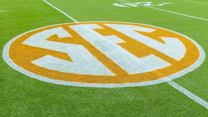 Oct 20, 2018; Knoxville, TN, USA; The SEC logo on the field at Neyland Stadium before a game between the Tennessee Volunteers and Alabama Crimson Tide. Mandatory Credit: Bryan Lynn-Imagn Images