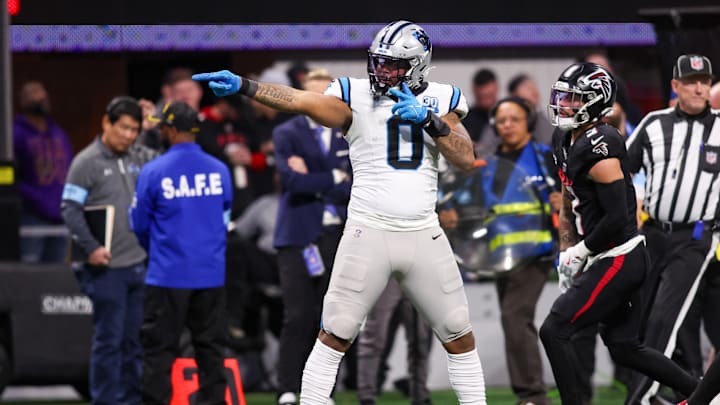 Carolina Panthers tight end Ja'Tavion Sanders reacts after a first down against the Atlanta Falcons.