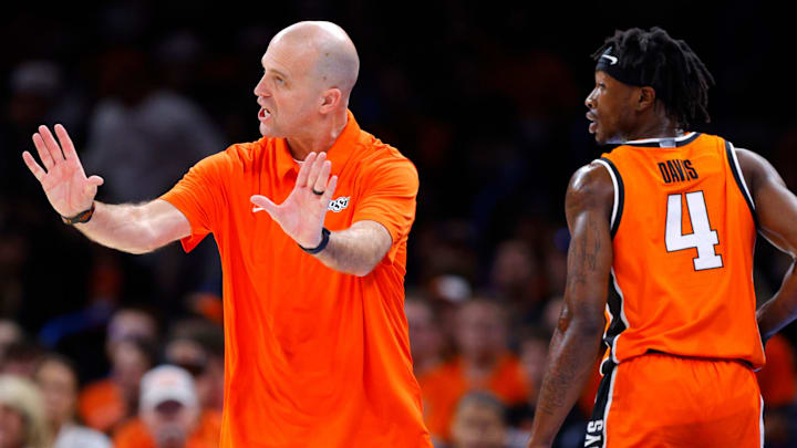 Oklahoma State coach Steve Lutz gestures during a men's college Bedlam basketball game between the University of Oklahoma Sooners (OU) and the Oklahoma State University Cowboys (OSU) at Paycom Center in Oklahoma City, Saturday, Dec. 14, 2024. Oklahoma won 80-65. Oklahoma State coach Steve Lutz gestures during a men's college Bedlam basketball game between the University of Oklahoma Sooners (OU) and the Oklahoma State University Cowboys (OSU) at Paycom Center in Oklahoma City, Saturday, Dec. 14, 2024. Oklahoma won 80-65.