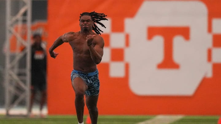 Jermod McCoy runs during Tennessee Football Pro Day 2026, at University of Tennessee on March 31, 2026. Jermod McCoy runs during Tennessee Football Pro Day 2026, at University of Tennessee on March 31, 2026.