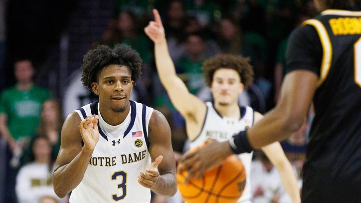 Notre Dame guard Markus Burton (3) celebrates after making a basket during a NCAA men's basketball game against Missouri at Purcell Pavilion on Tuesday, Dec. 2, 2025, in South Bend.