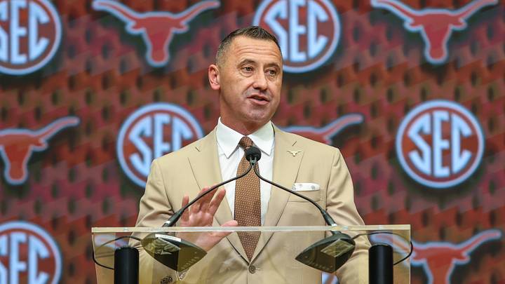 Jul 15, 2025; Atlanta, GA, USA; Texas Longhorns head coach Steve Sarkisan talks to the media during SEC Media Days at Omni Atlanta Hotel. Mandatory Credit: Jordan Godfree-Imagn Images