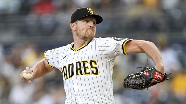 Aug 19, 2025; San Diego, California, USA; San Diego Padres starting pitcher Nick Pivetta (27) delivers during the first inning against the San Francisco Giants at Petco Park. Mandatory Credit: Denis Poroy-Imagn Images
